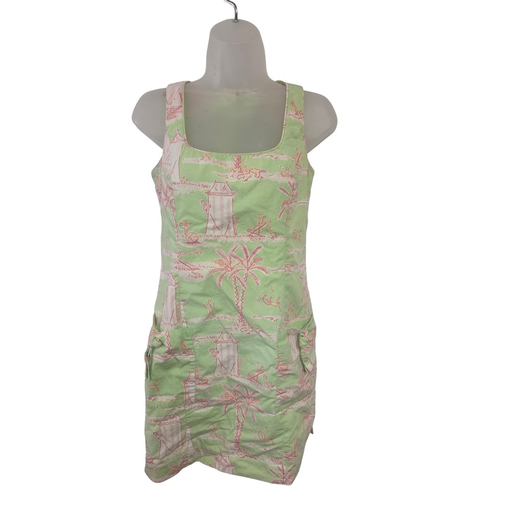 Lilly Pulitzer Lime Green Pink Monkey Beach Print Shift Dress Size 4 Pockets